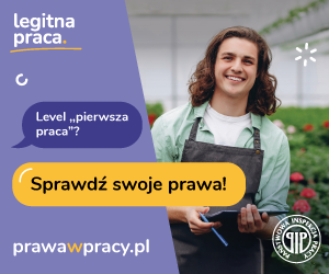 Banner kampanii "Legitna praca". Uśmiechnięty chłopak z notesem w ręku, obok napisy: Level "pierwsza praca"?, Sprawdź swoje prawa!, prawawpracy.pl