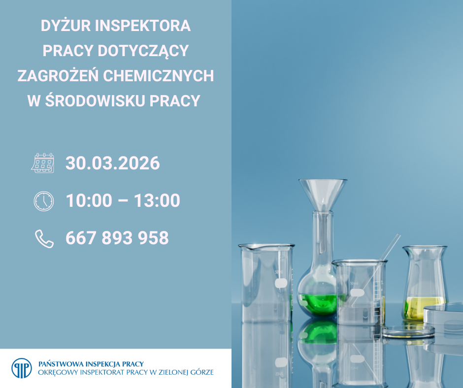Grafika z informacjami o dyżurze. Tło do tej informacji stanowi zdjęcie naczyń laboratoryjnych, całość w odcieniach błękitu.
