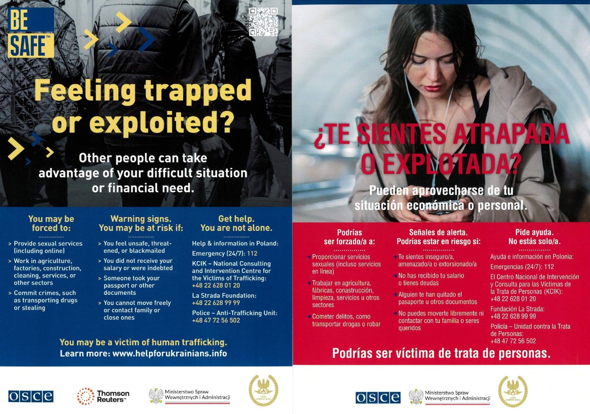 Plakat z informacjami jw. w jęz angielskim i hiszpańskim